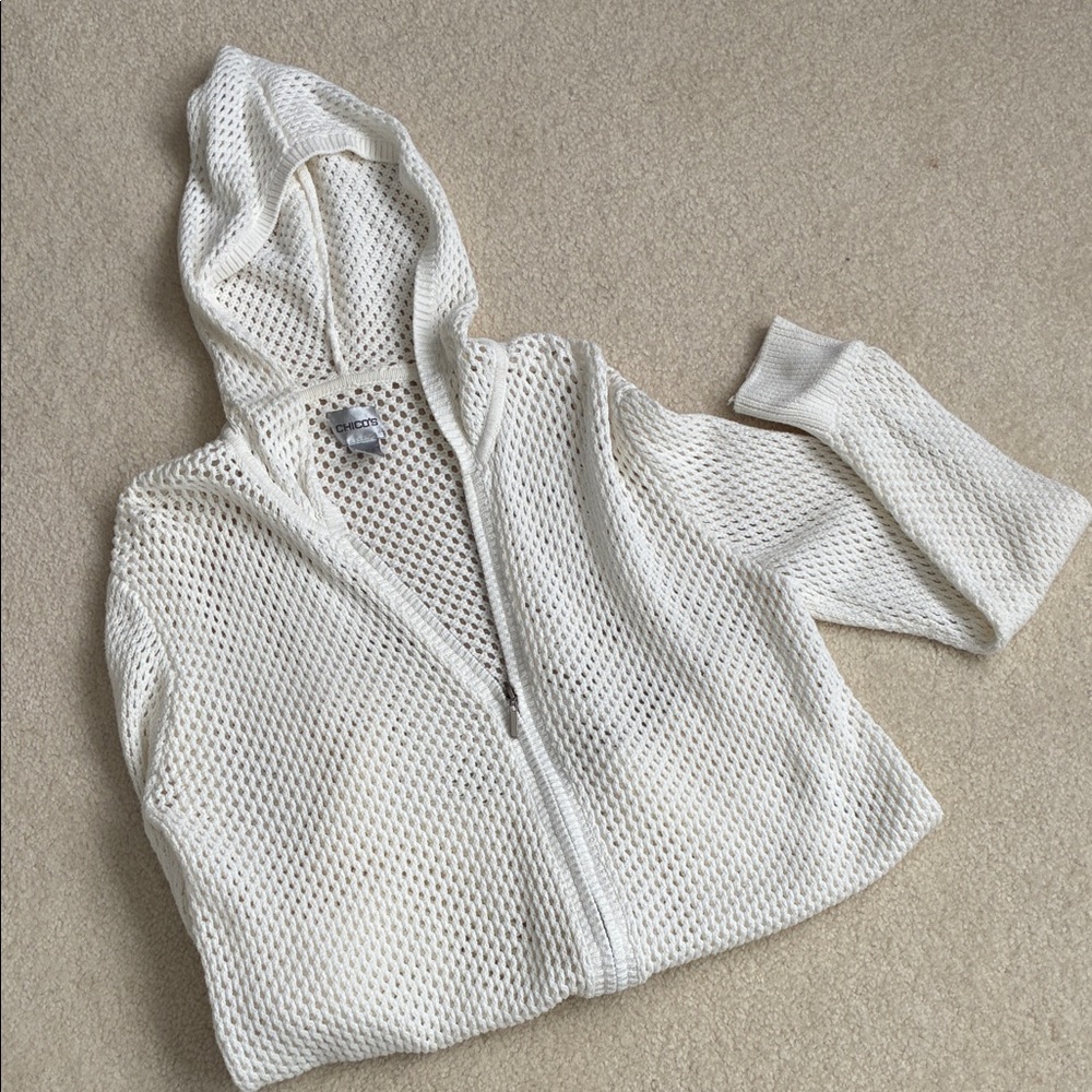 Chico's White Open-Knit Hooded Zip Cardigan